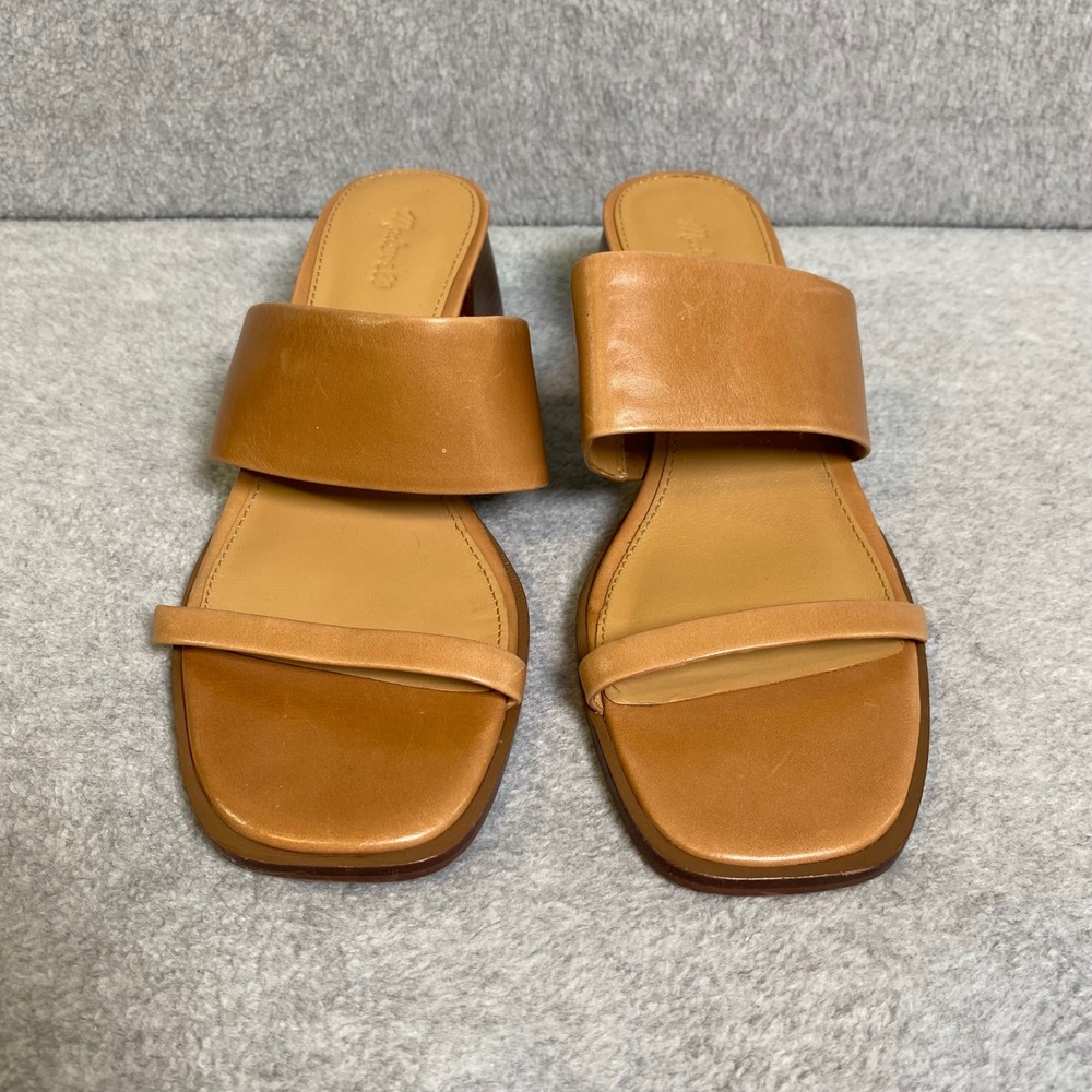 Madewell The Kiera Two-Strap Slide Sandal Women Sz 7 Brown Leather Block Heel